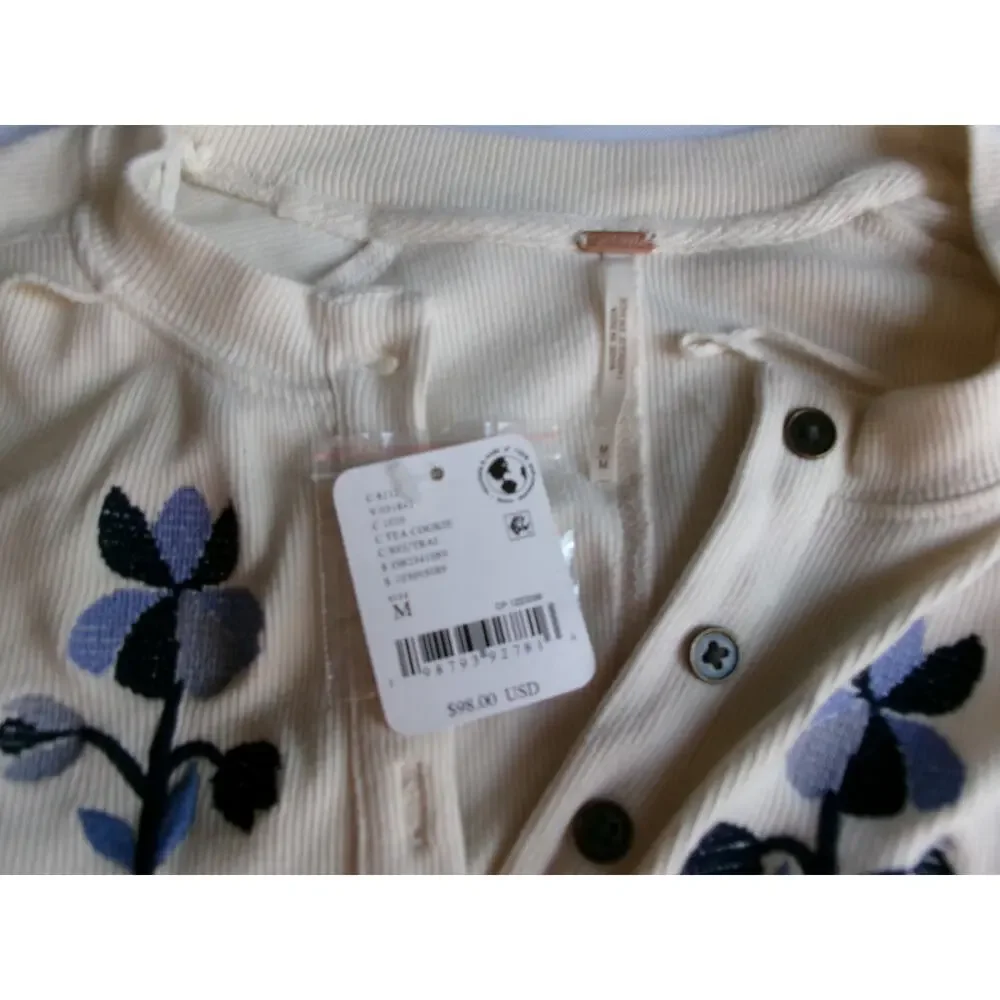 NWT Free People Embroidered Henley Top M Ivory Blue Floral Long Sleeve